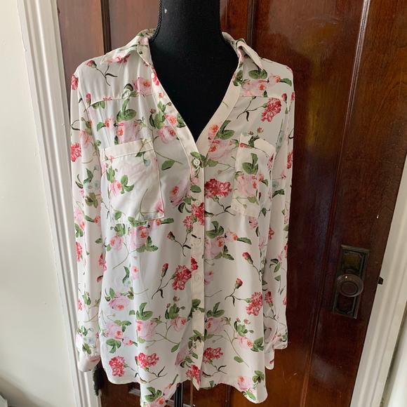 Express White Chiffon Collared Button Down White Floral Shirt LARGE Roll Tab - Picture 2 of 16